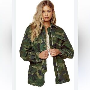 Free People Seize The Day Oversized Green Camouflage Utility Jacket